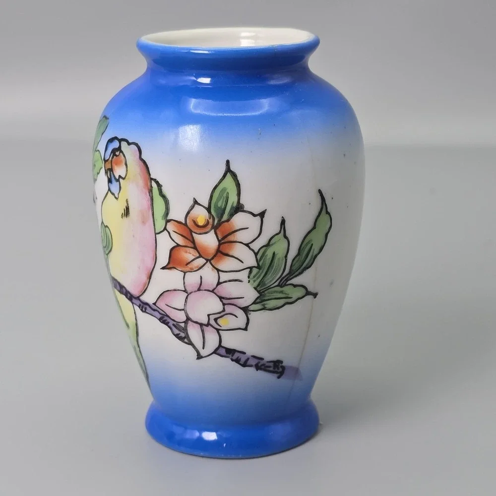 Vintage Occupied Japan‎ Blue Vase Parrot Bird Floral Hand Painted Bud Vase